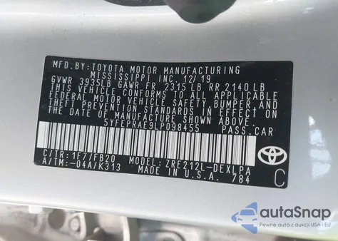 2020 Toyota Corolla Le from USA, damaged, VIN 5YFEPRAE9LP098455